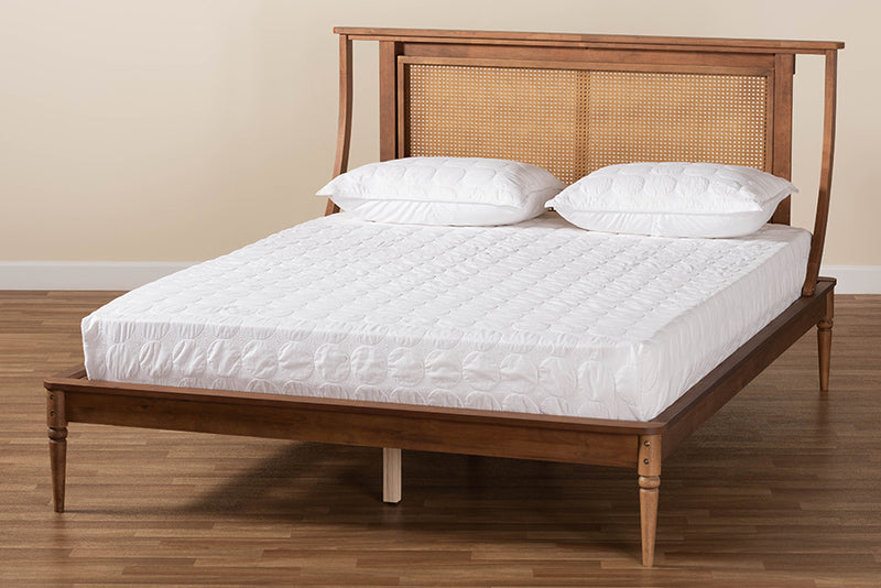 Disa Modern Transitional Walnut Brown Finished Wood and Synthetic Rattan Queen Size Platform Bed