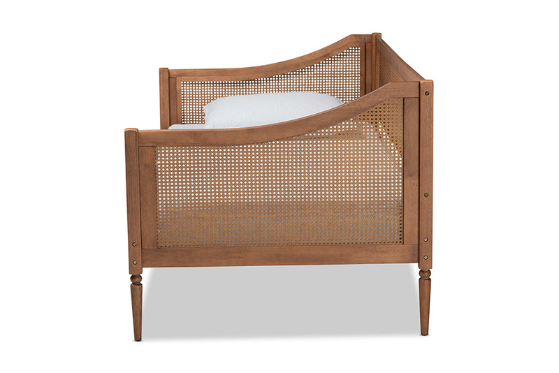 Shirina Mid-Century Modern Walnut Brown Finished Wood and Synthetic Rattan Twin Size Daybed