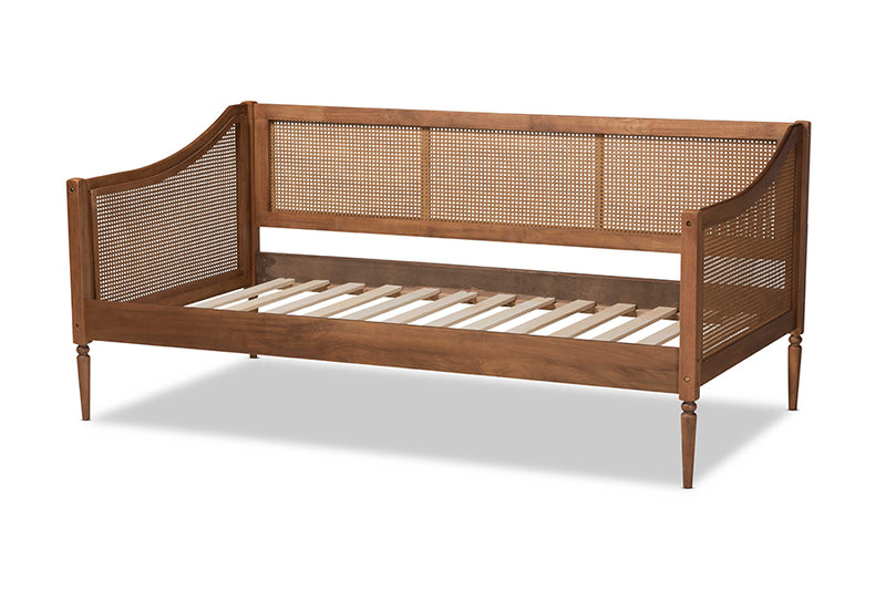 Shirina Mid-Century Modern Walnut Brown Finished Wood and Synthetic Rattan Twin Size Daybed