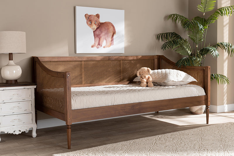 Shirina Mid-Century Modern Walnut Brown Finished Wood and Synthetic Rattan Twin Size Daybed