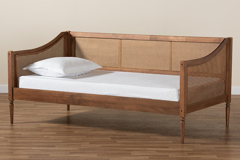 Shirina Mid-Century Modern Walnut Brown Finished Wood and Synthetic Rattan Twin Size Daybed