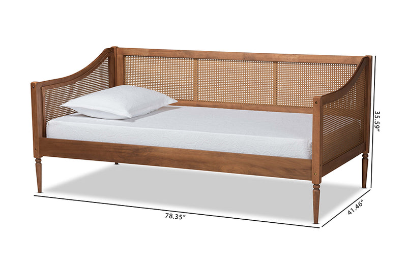 Shirina Mid-Century Modern Walnut Brown Finished Wood and Synthetic Rattan Twin Size Daybed