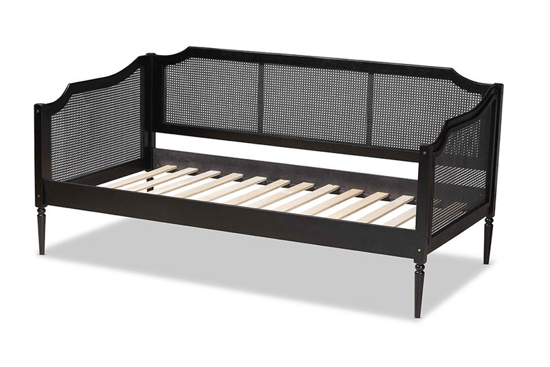 Hemera Mid-Century Modern Charcoal Finished Wood and Synthetic Rattan Twin Size Daybed