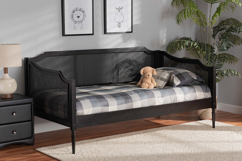 Hemera Mid-Century Modern Charcoal Finished Wood and Synthetic Rattan Twin Size Daybed