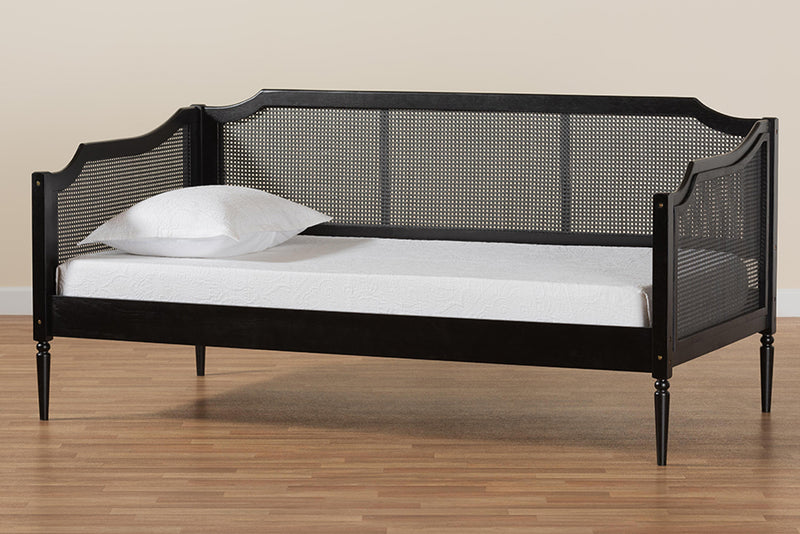 Hemera Mid-Century Modern Charcoal Finished Wood and Synthetic Rattan Twin Size Daybed