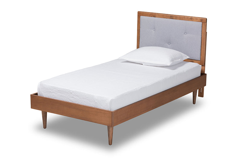 Holden Mid-Century Modern Light Gray Fabric Upholstered and Walnut Brown Finished Wood Twin Size Platform Bed