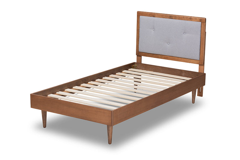 Holden Mid-Century Modern Light Gray Fabric Upholstered and Walnut Brown Finished Wood Twin Size Platform Bed