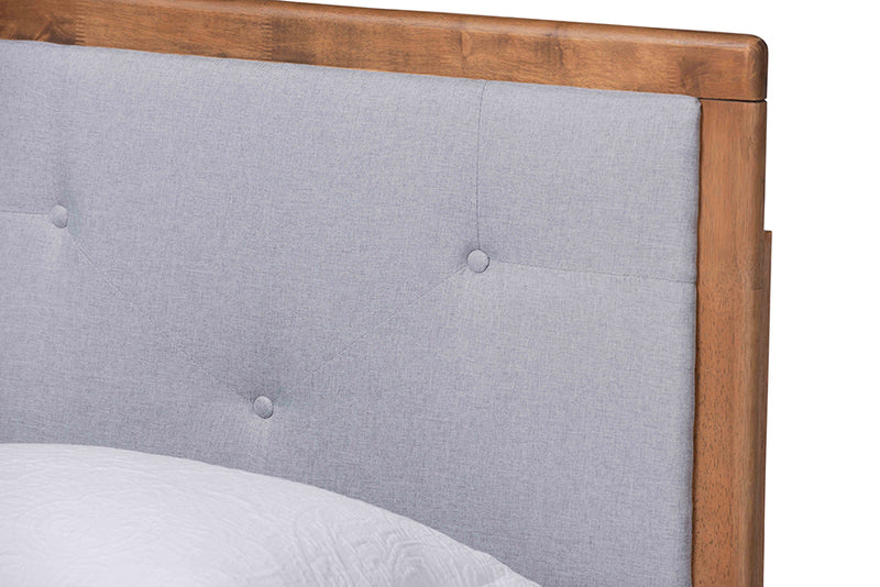 Holden Mid-Century Modern Light Gray Fabric Upholstered and Walnut Brown Finished Wood Twin Size Platform Bed