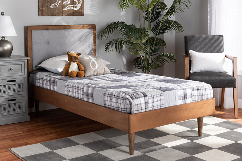 Holden Mid-Century Modern Light Gray Fabric Upholstered and Walnut Brown Finished Wood Twin Size Platform Bed