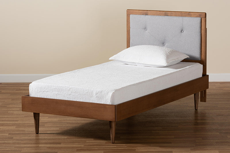 Holden Mid-Century Modern Light Gray Fabric Upholstered and Walnut Brown Finished Wood Twin Size Platform Bed