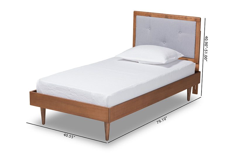 Holden Mid-Century Modern Light Gray Fabric Upholstered and Walnut Brown Finished Wood Twin Size Platform Bed