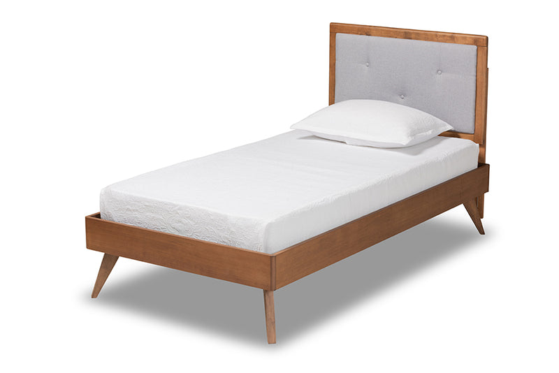 Sadiya Mid-Century Modern Light Gray Fabric Upholstered and Walnut Brown Finished Wood Twin Size Platform Bed