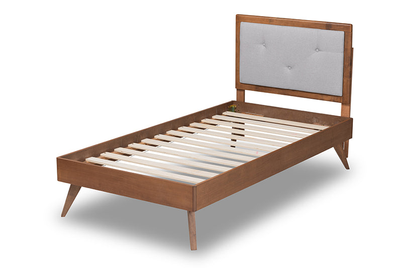 Sadiya Mid-Century Modern Light Gray Fabric Upholstered and Walnut Brown Finished Wood Twin Size Platform Bed