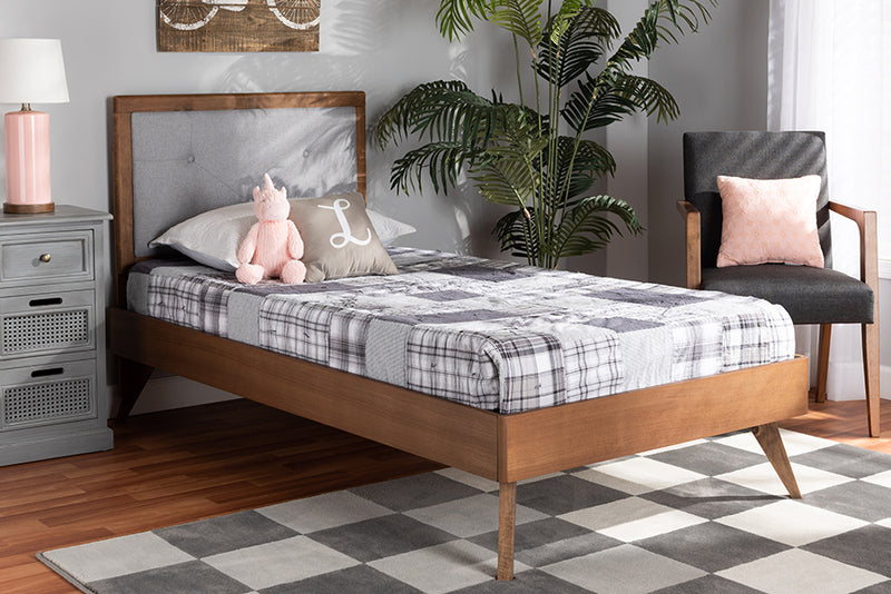 Sadiya Mid-Century Modern Light Gray Fabric Upholstered and Walnut Brown Finished Wood Twin Size Platform Bed