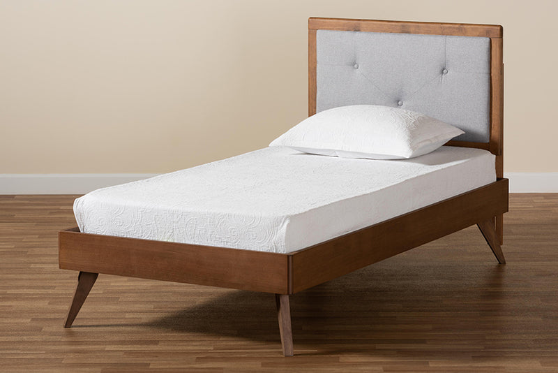 Sadiya Mid-Century Modern Light Gray Fabric Upholstered and Walnut Brown Finished Wood Twin Size Platform Bed