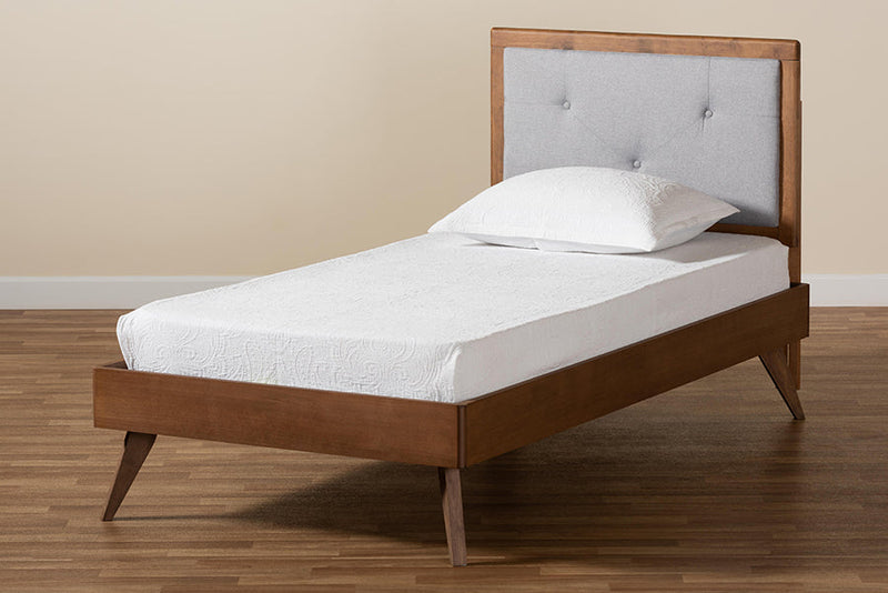 Sadiya Light Gray Fabric Walnut Brown Twin Size Platform Bed Baxton