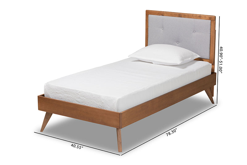 Sadiya Mid-Century Modern Light Gray Fabric Upholstered and Walnut Brown Finished Wood Twin Size Platform Bed