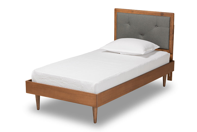 Holden Mid-Century Modern Dark Gray Fabric Upholstered and Walnut Brown Finished Wood Twin Size Platform Bed