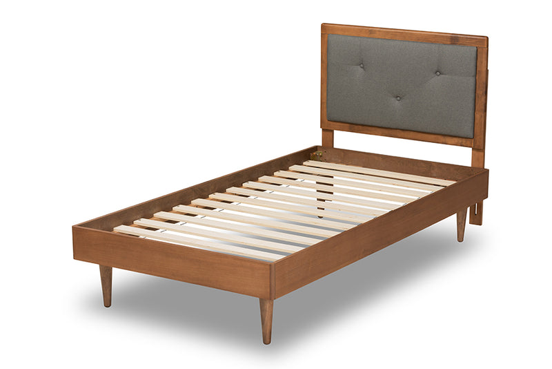 Holden Mid-Century Modern Dark Gray Fabric Upholstered and Walnut Brown Finished Wood Twin Size Platform Bed