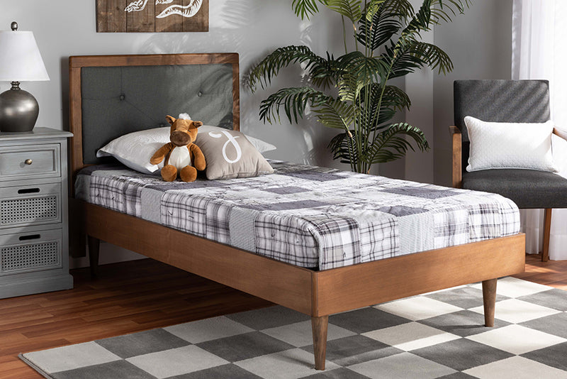 Holden Mid-Century Modern Dark Gray Fabric Upholstered and Walnut Brown Finished Wood Twin Size Platform Bed