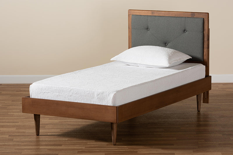 Holden Mid-Century Modern Dark Gray Fabric Upholstered and Walnut Brown Finished Wood Twin Size Platform Bed