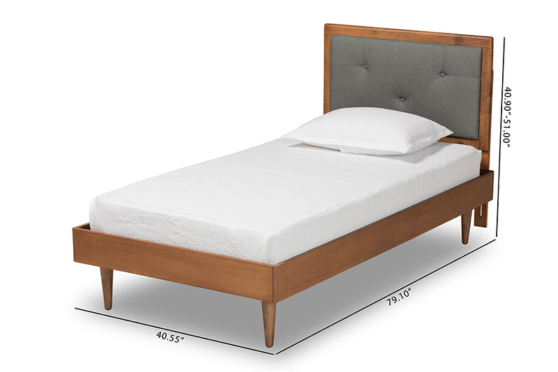 Holden Mid-Century Modern Dark Gray Fabric Upholstered and Walnut Brown Finished Wood Twin Size Platform Bed