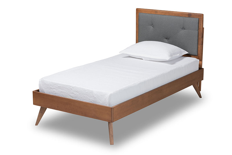 Sadiya Mid-Century Modern Dark Gray Fabric Upholstered and Walnut Brown Finished Wood Twin Size Platform Bed