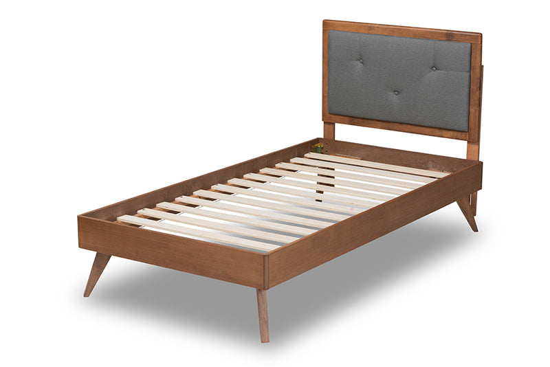 Sadiya Mid-Century Modern Dark Gray Fabric Upholstered and Walnut Brown Finished Wood Twin Size Platform Bed