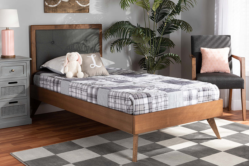 Sadiya Mid-Century Modern Dark Gray Fabric Upholstered and Walnut Brown Finished Wood Twin Size Platform Bed