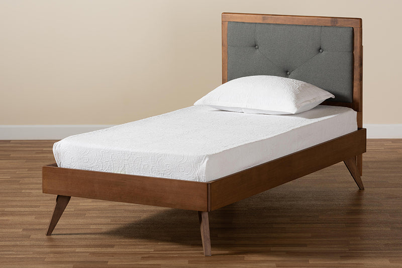 Sadiya Mid-Century Modern Dark Gray Fabric Upholstered and Walnut Brown Finished Wood Twin Size Platform Bed