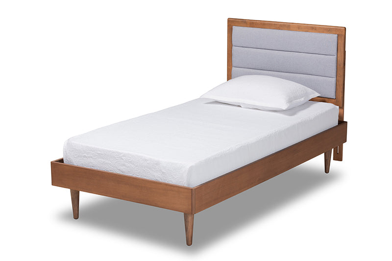 Eren Mid-Century Modern Light Gray Fabric Upholstered and Walnut Brown Finished Wood Twin Size Platform Bed