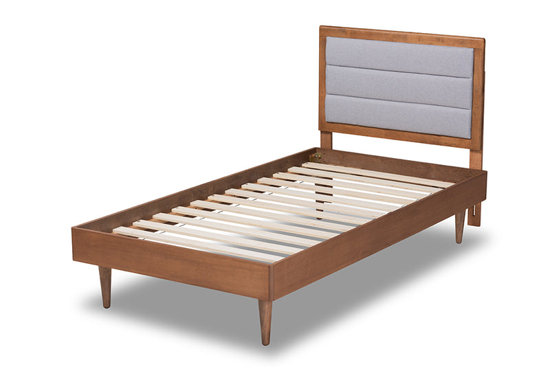 Eren Mid-Century Modern Light Gray Fabric Upholstered and Walnut Brown Finished Wood Twin Size Platform Bed