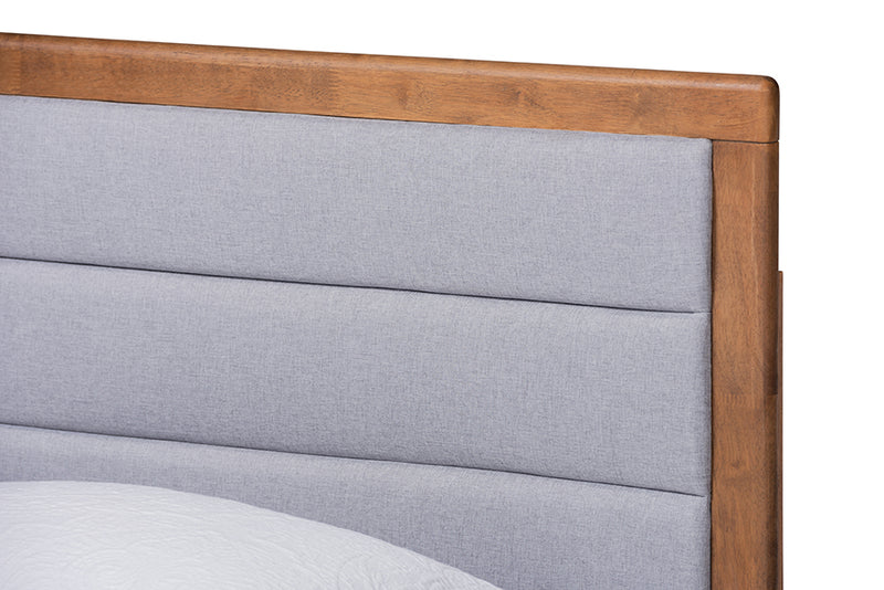 Eren Mid-Century Modern Light Gray Fabric Upholstered and Walnut Brown Finished Wood Twin Size Platform Bed