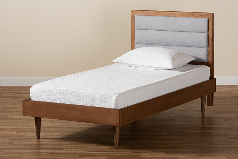 Eren Mid-Century Modern Light Gray Fabric Upholstered and Walnut Brown Finished Wood Twin Size Platform Bed