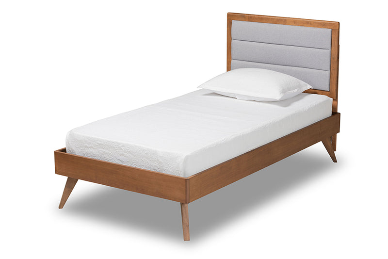 Asta Mid-Century Modern Light Gray Fabric Upholstered and Walnut Brown Finished Wood Twin Size Platform Bed