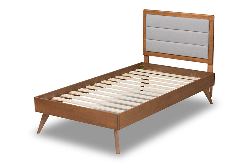 Asta Mid-Century Modern Light Gray Fabric Upholstered and Walnut Brown Finished Wood Twin Size Platform Bed