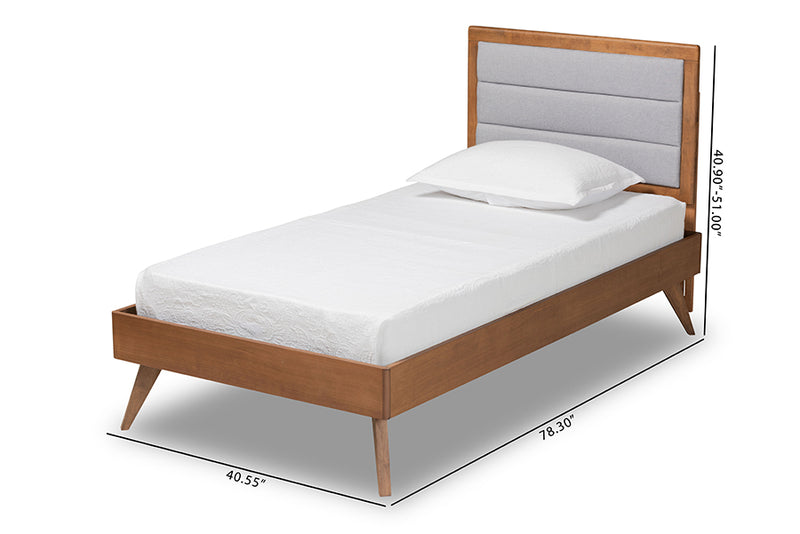 Asta Mid-Century Modern Light Gray Fabric Upholstered and Walnut Brown Finished Wood Twin Size Platform Bed