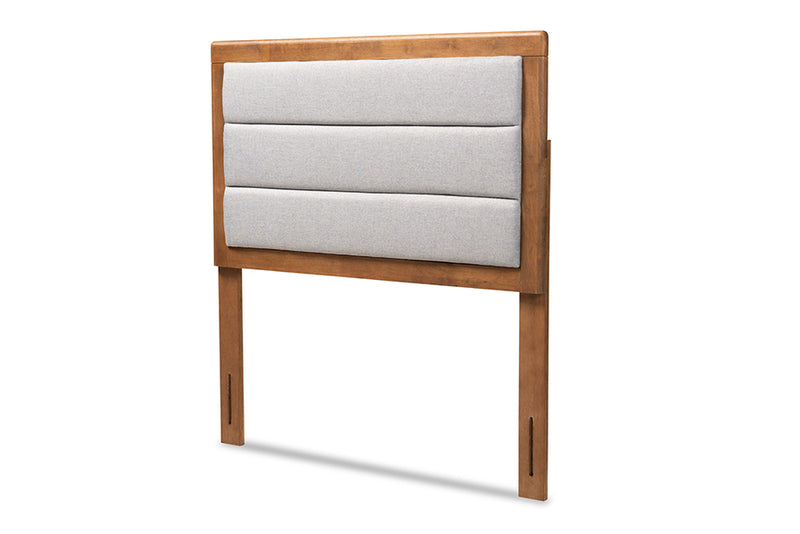 Nata Modern and Contemporary Light Gray Fabric Upholstered and Walnut Brown Finished Wood Twin Size Headboard