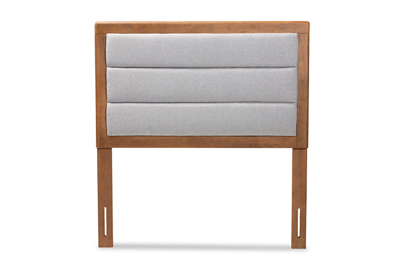 Nata Modern and Contemporary Light Gray Fabric Upholstered and Walnut Brown Finished Wood Twin Size Headboard