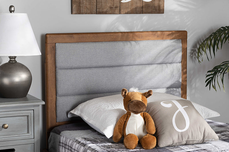 Nata Modern and Contemporary Light Gray Fabric Upholstered and Walnut Brown Finished Wood Twin Size Headboard
