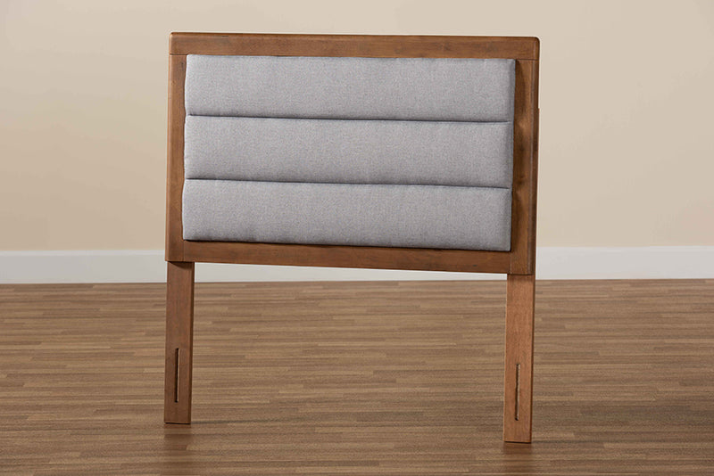 Nata Modern and Contemporary Light Gray Fabric Upholstered and Walnut Brown Finished Wood Twin Size Headboard
