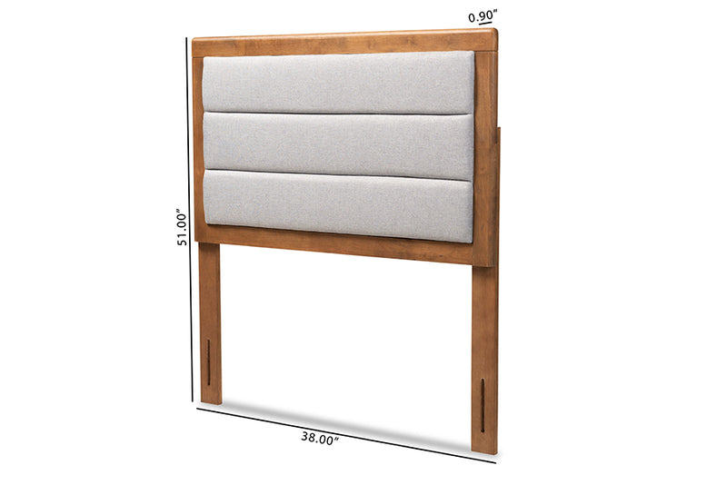 Nata Modern and Contemporary Light Gray Fabric Upholstered and Walnut Brown Finished Wood Twin Size Headboard