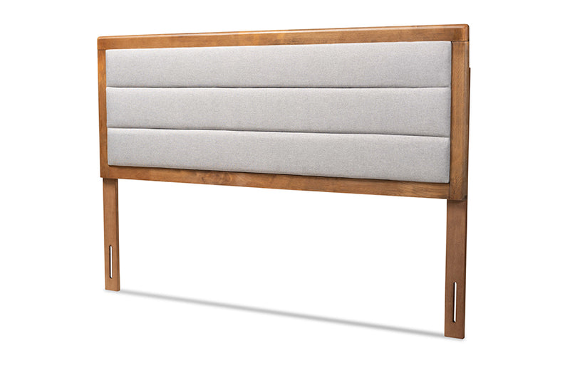 Nata Modern and Contemporary Light Gray Fabric Upholstered and Walnut Brown Finished Wood King Size Headboard