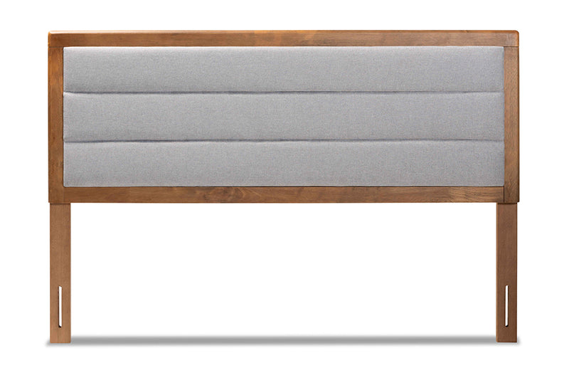 Nata Modern and Contemporary Light Gray Fabric Upholstered and Walnut Brown Finished Wood King Size Headboard