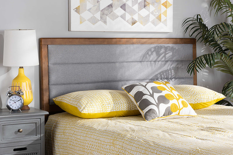 Nata Modern and Contemporary Light Gray Fabric Upholstered and Walnut Brown Finished Wood King Size Headboard