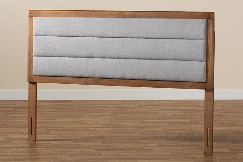 Nata Modern and Contemporary Light Gray Fabric Upholstered and Walnut Brown Finished Wood King Size Headboard