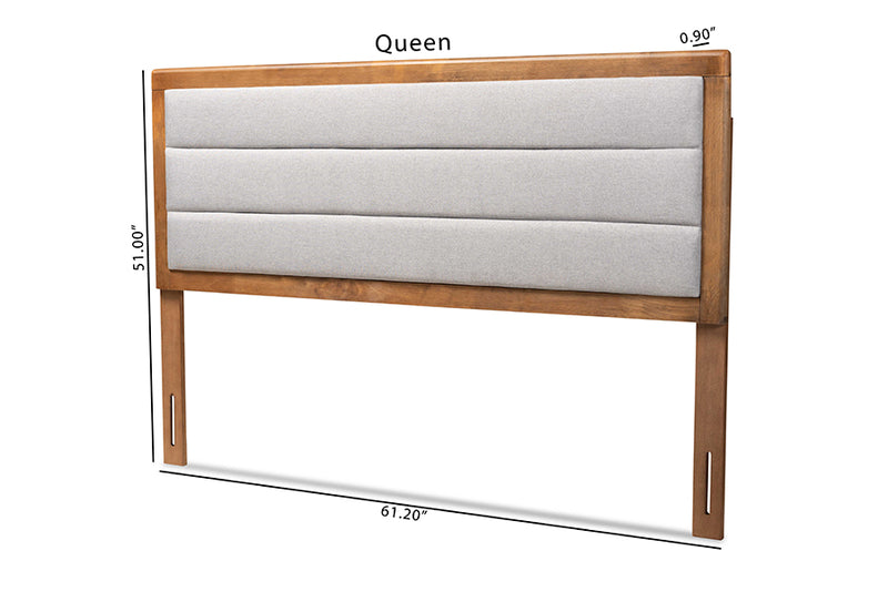 Nata Modern and Contemporary Light Gray Fabric Upholstered and Walnut Brown Finished Wood King Size Headboard