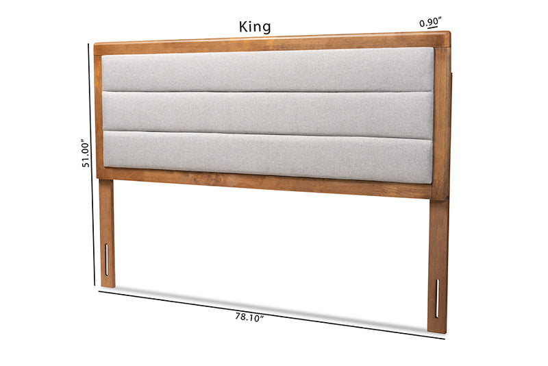 Nata Modern and Contemporary Light Gray Fabric Upholstered and Walnut Brown Finished Wood King Size Headboard