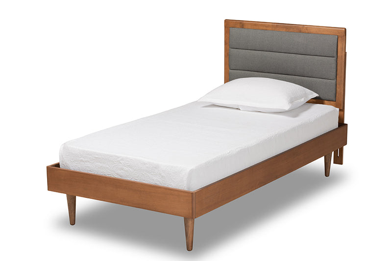 Eren Mid-Century Modern Dark Gray Fabric Upholstered and Walnut Brown Finished Wood Twin Size Platform Bed