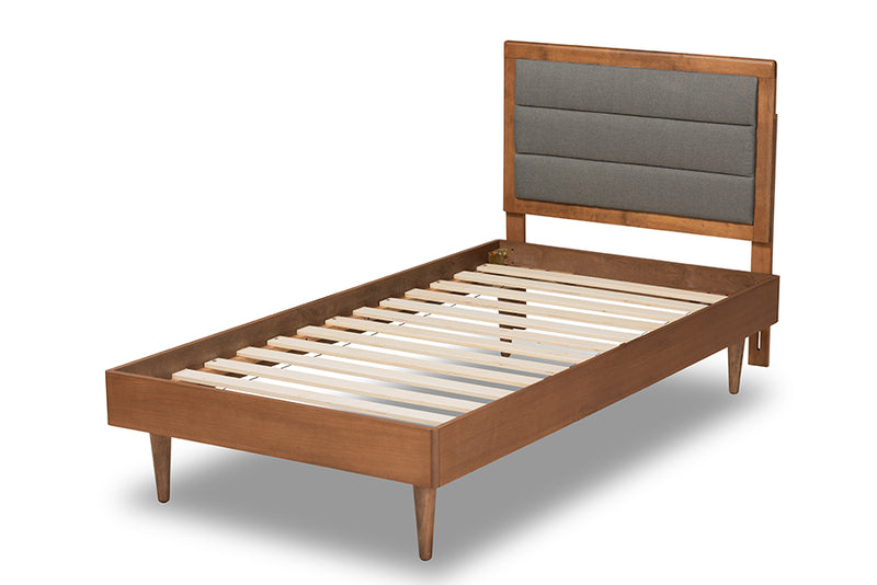 Eren Mid-Century Modern Dark Gray Fabric Upholstered and Walnut Brown Finished Wood Twin Size Platform Bed